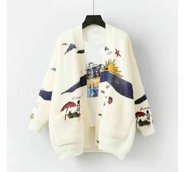 Y2K Mirage Sun Print Oversized Cardigan Sweater - Handmade Embroidered Knit Fashion Trend - Streetwear Aesthetics