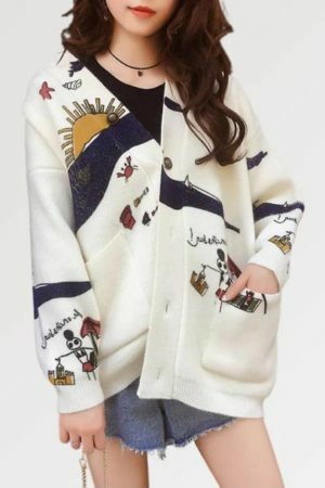 Y2K Mirage Sun Print Oversized Cardigan Sweater - Handmade Embroidered Knit Fashion Trend - Streetwear Aesthetics