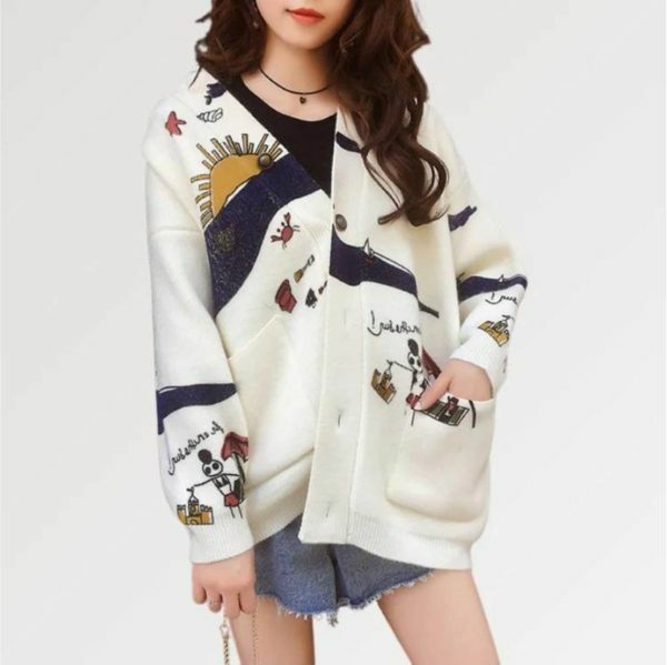 Y2K Mirage Sun Print Oversized Cardigan Sweater - Handmade Embroidered Knit Fashion Trend - Streetwear Aesthetics