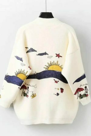 Y2K Mirage Sun Print Oversized Cardigan Sweater - Handmade Embroidered Knit Fashion Trend - Streetwear Aesthetics