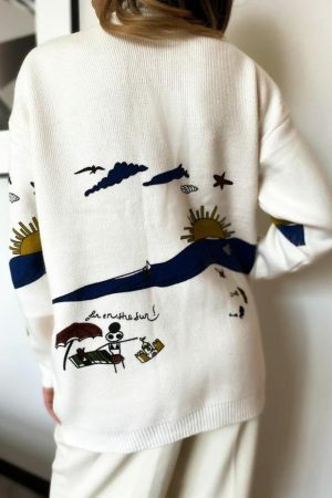 Y2K Mirage Sun Print Oversized Cardigan Sweater - Handmade Embroidered Knit Fashion Trend - Streetwear Aesthetics