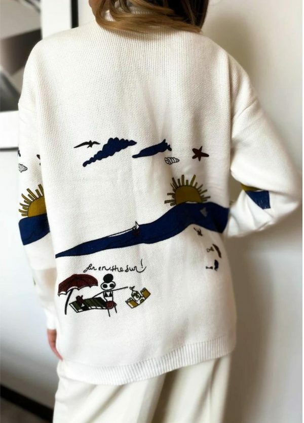 Y2K Mirage Sun Print Oversized Cardigan Sweater - Handmade Embroidered Knit Fashion Trend - Streetwear Aesthetics