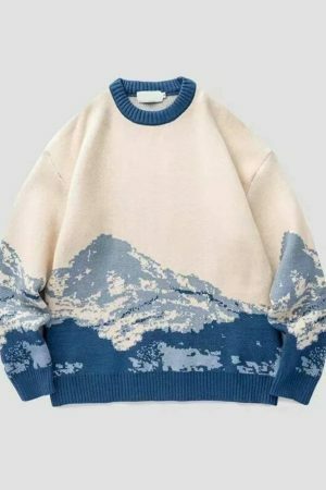 Y2K Mountain Print Knitted Embroidered Oversized Harajuku Japanese Sweater