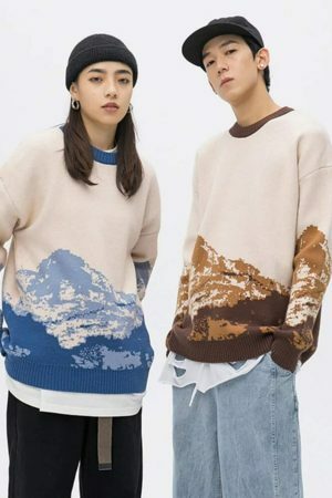 Y2K Mountain Print Knitted Embroidered Oversized Harajuku Japanese Sweater