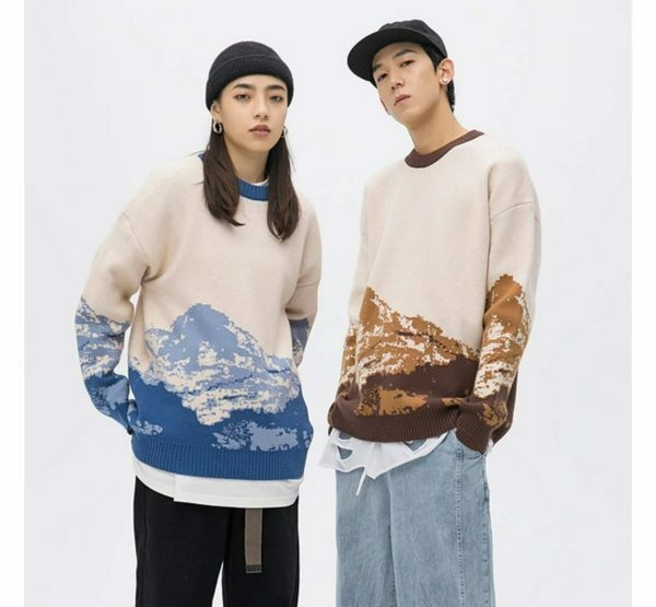 Y2K Mountain Print Knitted Embroidered Oversized Harajuku Japanese Sweater