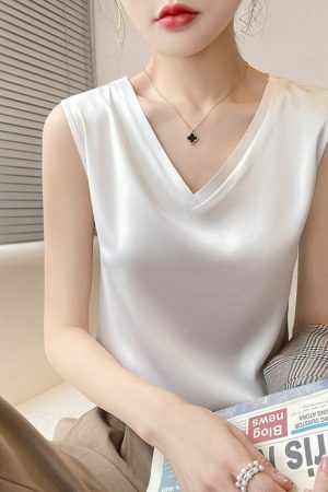 Y2K Mulberry Silk V-Neck Camisole Top for Women - Streetwear Fashion