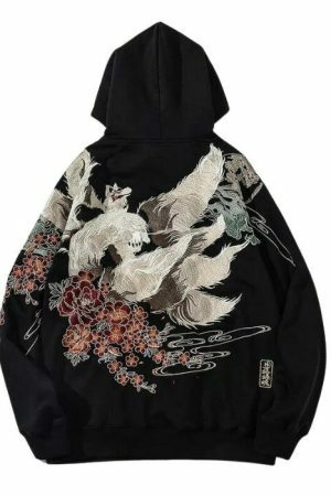 Y2K Nine Tail Fox Embroidered Oversized Hoodie with Japanese Print