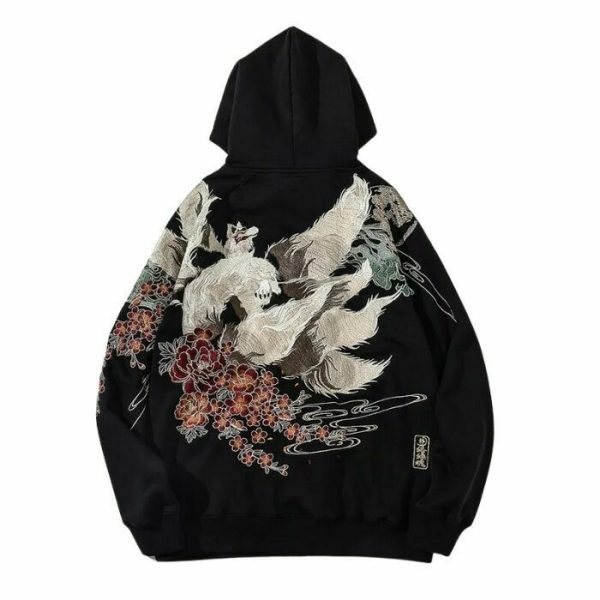 Y2K Nine Tail Fox Embroidered Oversized Hoodie with Japanese Print