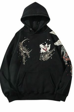 Y2K Nine Tail Fox Embroidered Oversized Hoodie with Japanese Print