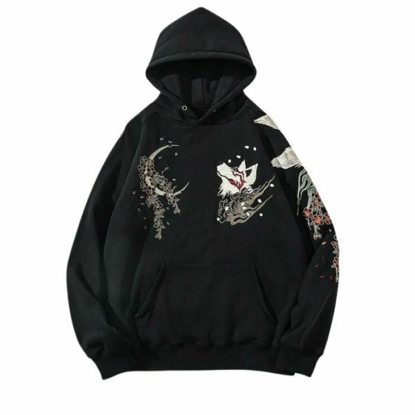 Y2K Nine Tail Fox Embroidered Oversized Hoodie with Japanese Print