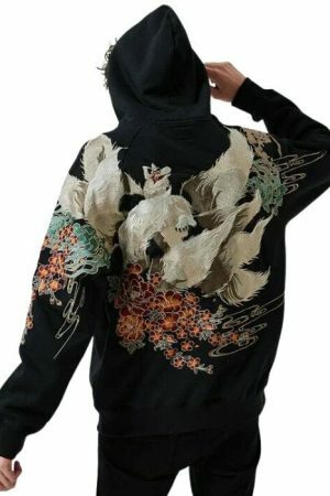 Y2K Nine Tail Fox Embroidered Oversized Hoodie with Japanese Print