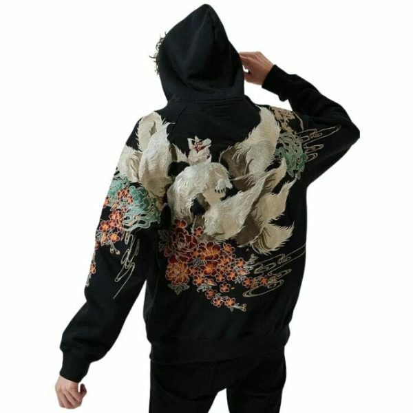 Y2K Nine Tail Fox Embroidered Oversized Hoodie with Japanese Print