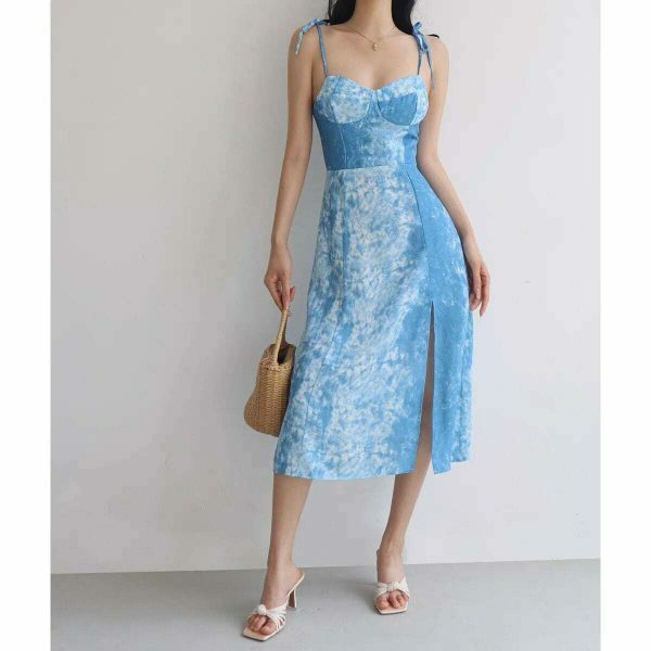 Y2K Ocean Blue Tie Dye Midi Dress with Ruffle Flounce