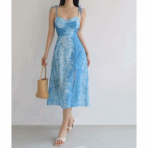 Y2K Ocean Blue Tie Dye Midi Dress with Ruffle Flounce