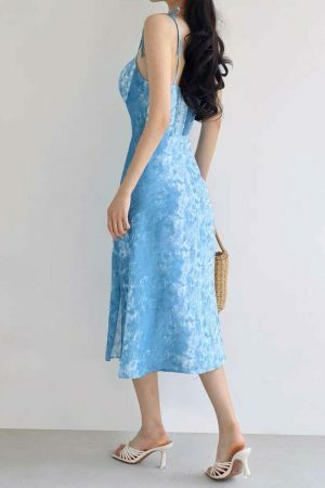 Y2K Ocean Blue Tie Dye Midi Dress with Ruffle Flounce