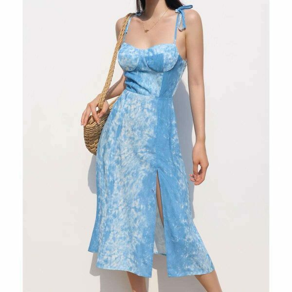 Y2K Ocean Blue Tie Dye Midi Dress with Ruffle Flounce