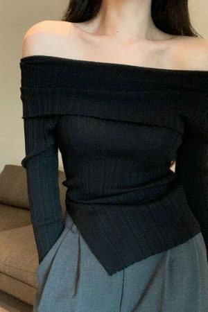 Y2K Off-Shoulder Long Sleeve Knit Sweater