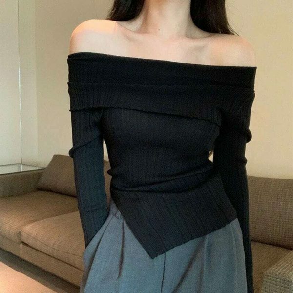 Y2K Off-Shoulder Long Sleeve Knit Sweater