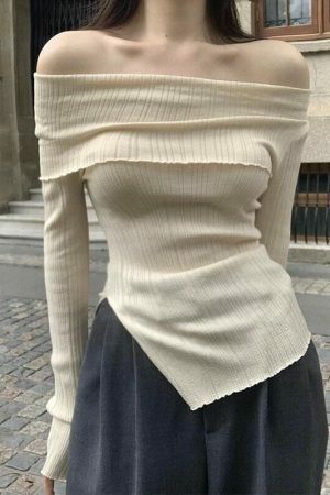 Y2K Off-Shoulder Long Sleeve Knit Sweater