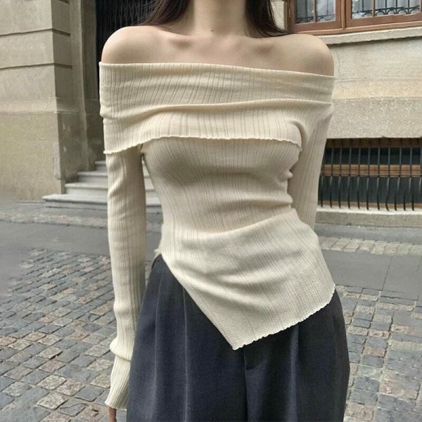 Y2K Off-Shoulder Long Sleeve Knit Sweater