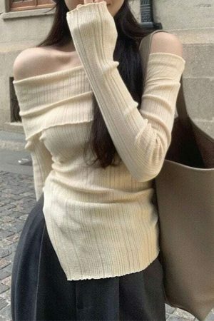 Y2K Off-Shoulder Long Sleeve Knit Sweater