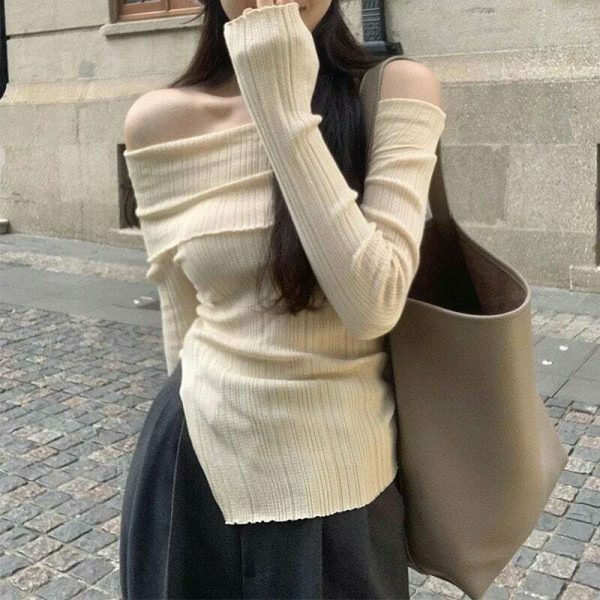 Y2K Off-Shoulder Long Sleeve Knit Sweater