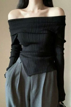 Y2K Off-Shoulder Long Sleeve Knit Sweater