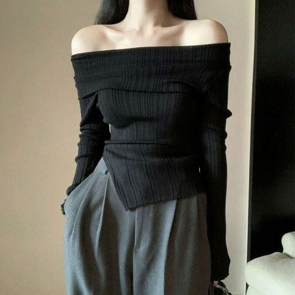 Y2K Off-Shoulder Long Sleeve Knit Sweater