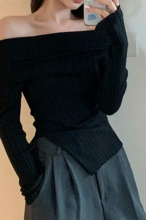 Y2K Off-Shoulder Long Sleeve Knit Sweater