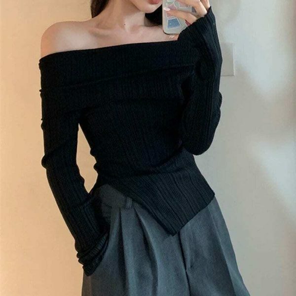 Y2K Off-Shoulder Long Sleeve Knit Sweater