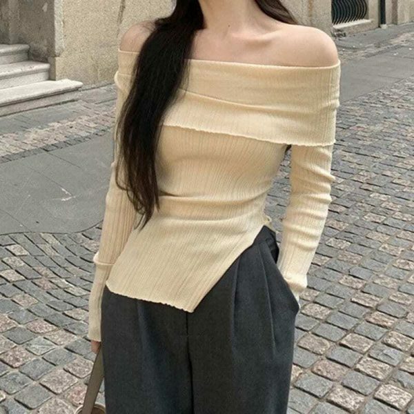 Y2K Off-Shoulder Long Sleeve Knit Sweater