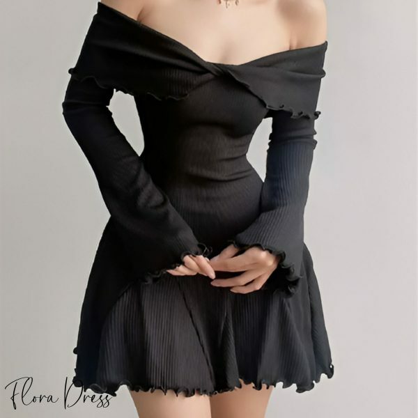 Y2K Off-Shoulder Ruffled Mini Dress with Patchwork Design, Ribbed Knitwear, Butterfly Sleeve Elegant Style