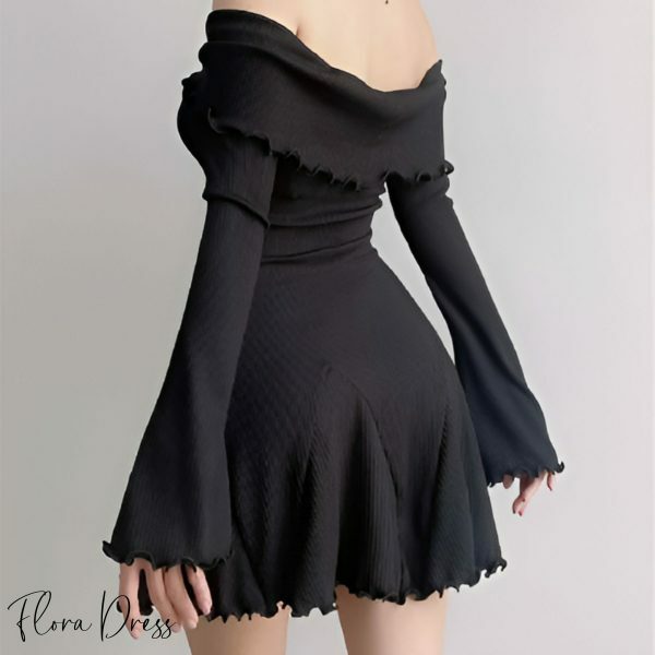 Y2K Off-Shoulder Ruffled Mini Dress with Patchwork Design, Ribbed Knitwear, Butterfly Sleeve Elegant Style