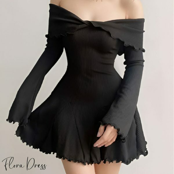 Y2K Off-Shoulder Ruffled Mini Dress with Patchwork Design, Ribbed Knitwear, Butterfly Sleeve Elegant Style