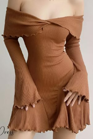 Y2K Off-Shoulder Ruffled Mini Dress with Patchwork Design, Ribbed Knitwear, Butterfly Sleeve Elegant Style