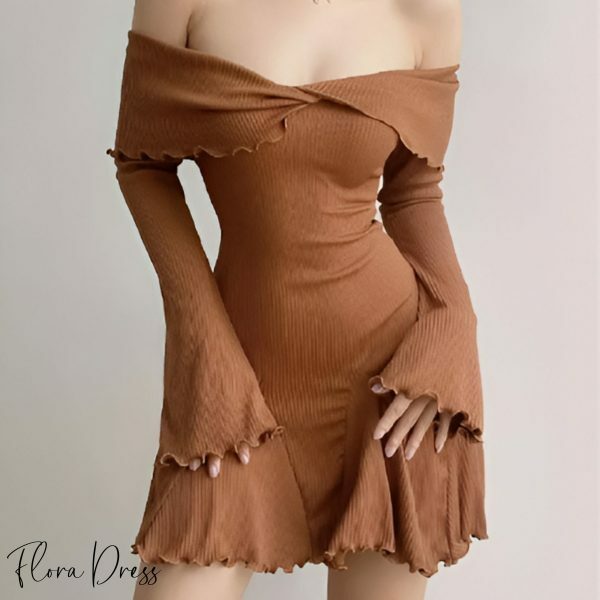 Y2K Off-Shoulder Ruffled Mini Dress with Patchwork Design, Ribbed Knitwear, Butterfly Sleeve Elegant Style