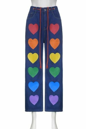 Y2K Oversize Baggy Cargo Pants with Colorful Heart Print