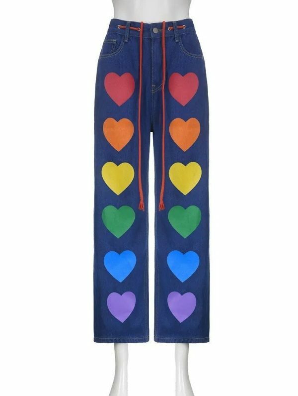 Y2K Oversize Baggy Cargo Pants with Colorful Heart Print