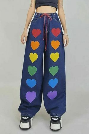 Y2K Oversize Baggy Cargo Pants with Colorful Heart Print