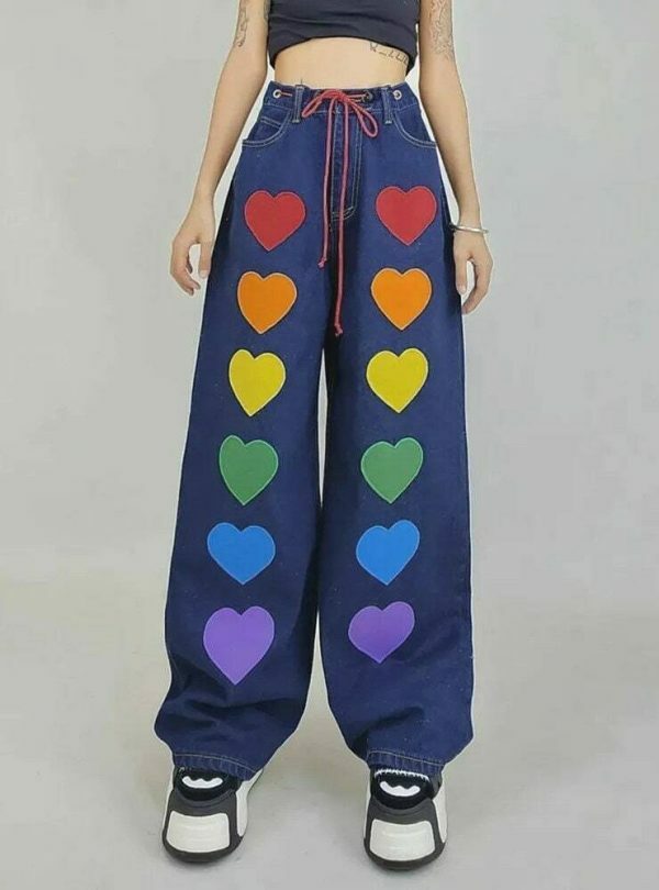 Y2K Oversize Baggy Cargo Pants with Colorful Heart Print