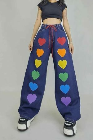 Y2K Oversize Baggy Cargo Pants with Colorful Heart Print