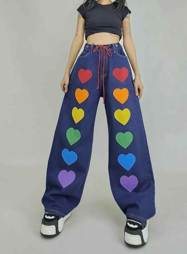 Y2K Oversize Baggy Cargo Pants with Colorful Heart Print