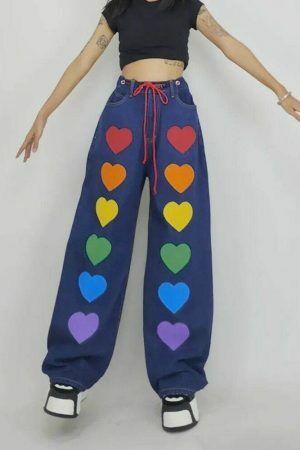 Y2K Oversize Baggy Cargo Pants with Colorful Heart Print