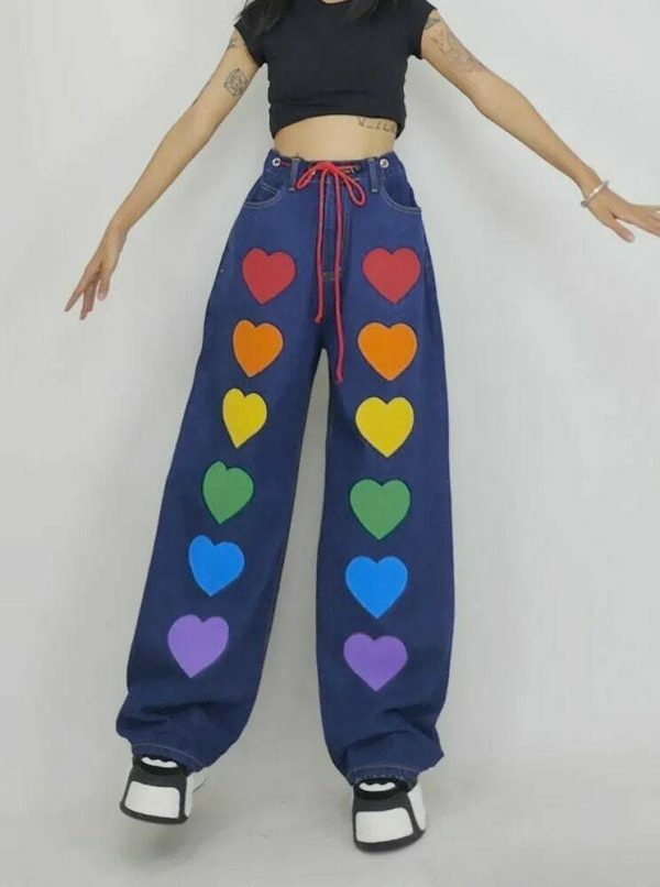 Y2K Oversize Baggy Cargo Pants with Colorful Heart Print