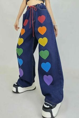 Y2K Oversize Baggy Cargo Pants with Colorful Heart Print