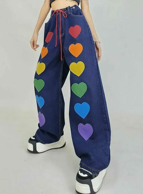 Y2K Oversize Baggy Cargo Pants with Colorful Heart Print