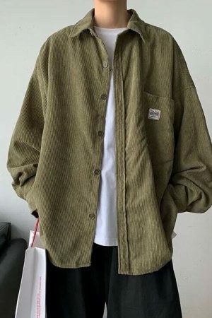 Y2K Oversize Corduroy Long Sleeve Korean Streetwear Shirt