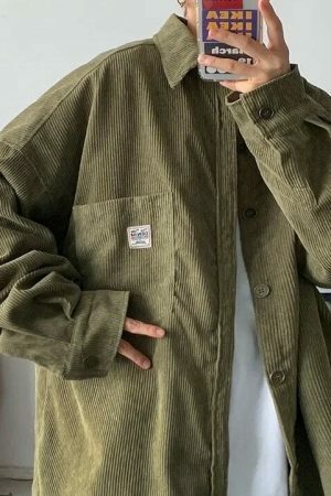 Y2K Oversize Corduroy Long Sleeve Korean Streetwear Shirt