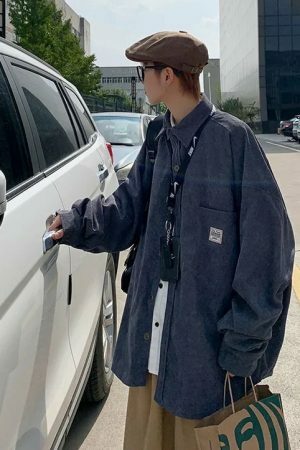 Y2K Oversize Corduroy Long Sleeve Korean Streetwear Shirt