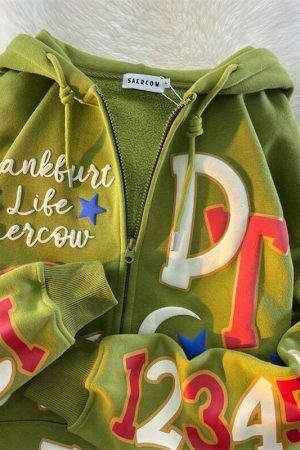 Y2K Oversize Embroidered Zip-Up Hoodie - Kawaii Streetwear Aesthetic